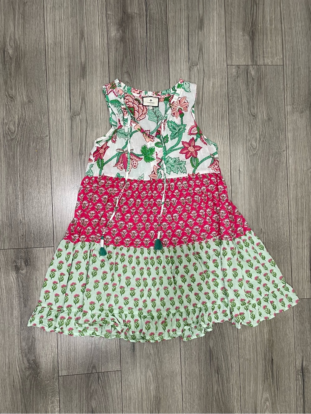 Tuckernuck Floral Hand Block Print Tiered Tassel Dress Multi Pink Green Sz S